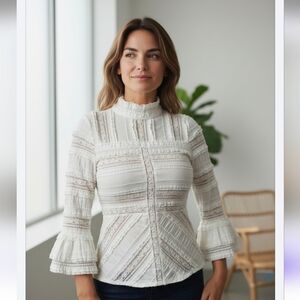 Cinq a Sept Antonia Mock Neck Ruffle Sleeve White Lace Boho Blouse Top! Size L